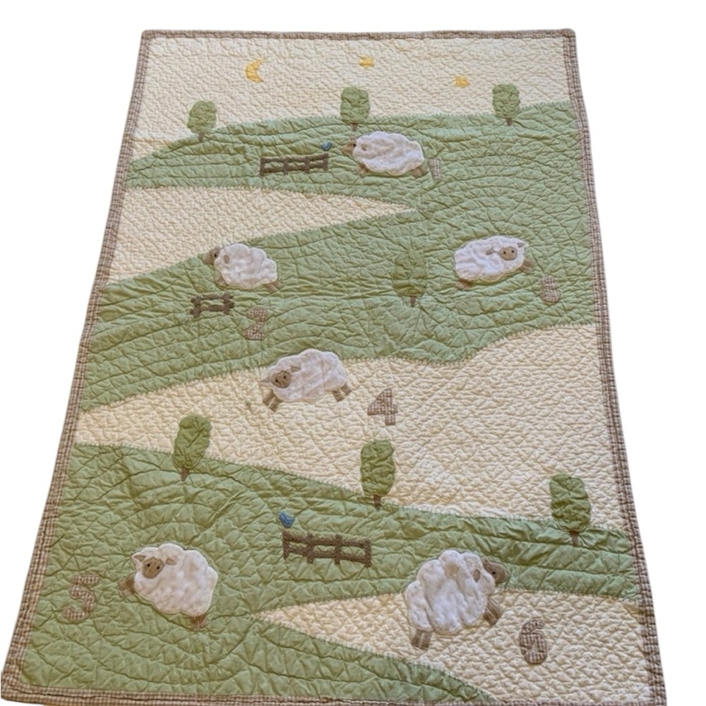 Pottery Barn Kids Green & Cream Sheep Crib Quilt